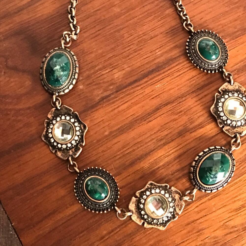 Stunning mixed materials green clear bronze collar necklace, faux Regency